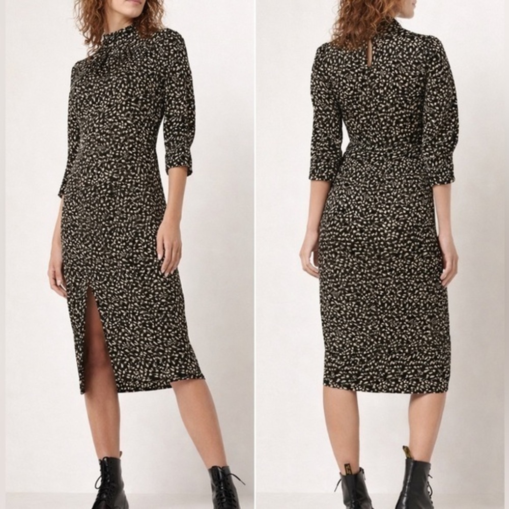 BA&SH Edmee Ditsy Floral Black Cutout Smocked Waist Chic Feminine  Midi Dress